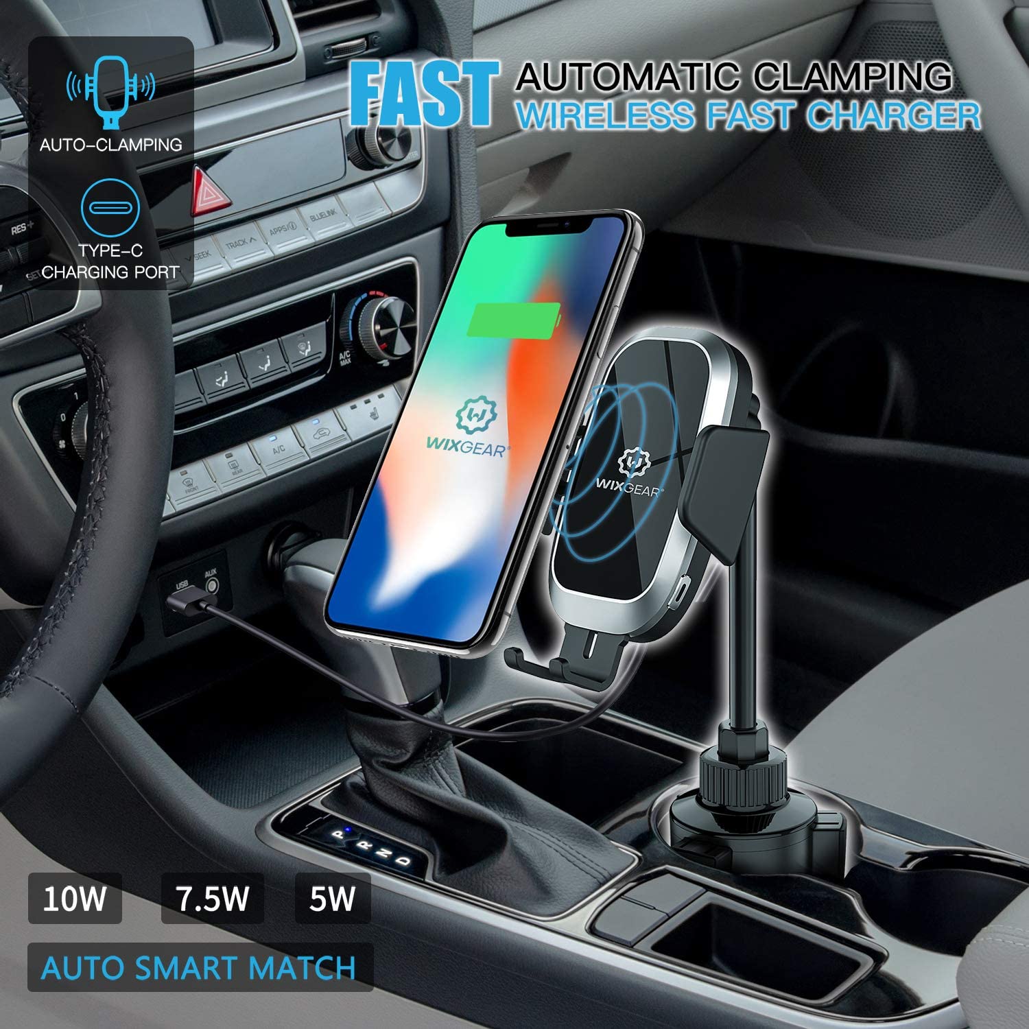 Wireless Car Charger, WixGear Auto-Clamping Fast Wireless Car Charger, Cup Phone Holder for Car, 10W Qi Fast Charging