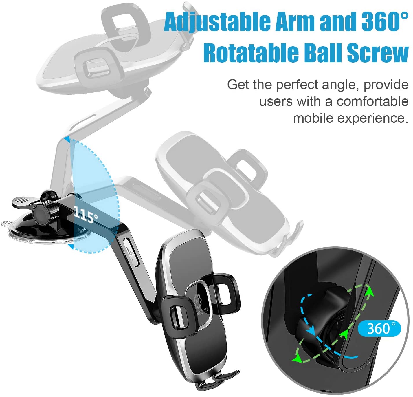 Phone Holder for Car, WixGear Universal Dashboard Curved Phone Car Suction Cup Mount Holder for Cell Phone 360 Degree Rotation