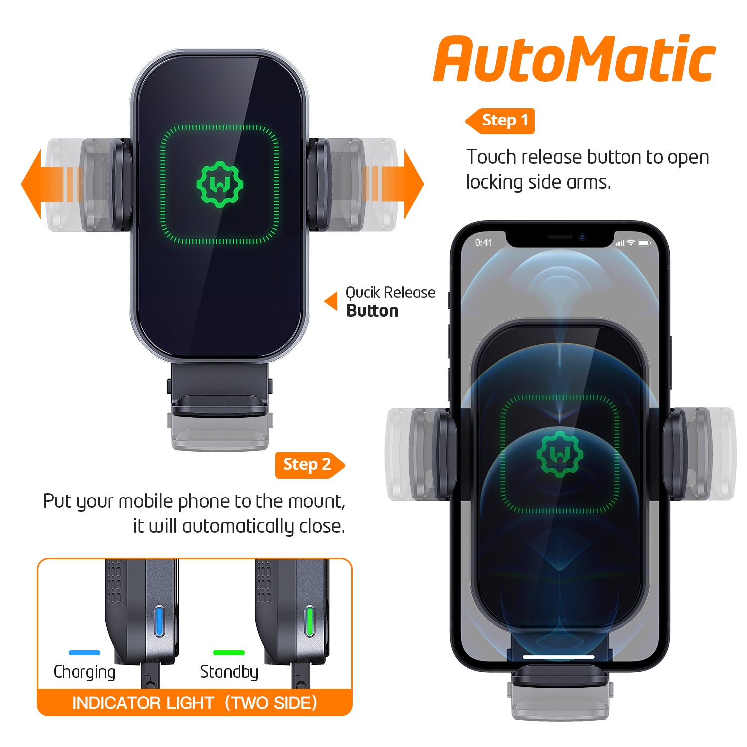 WixGear Auto-Clamping Phone Holder for Car, With Fast 10W Qi Wireless Car Charging