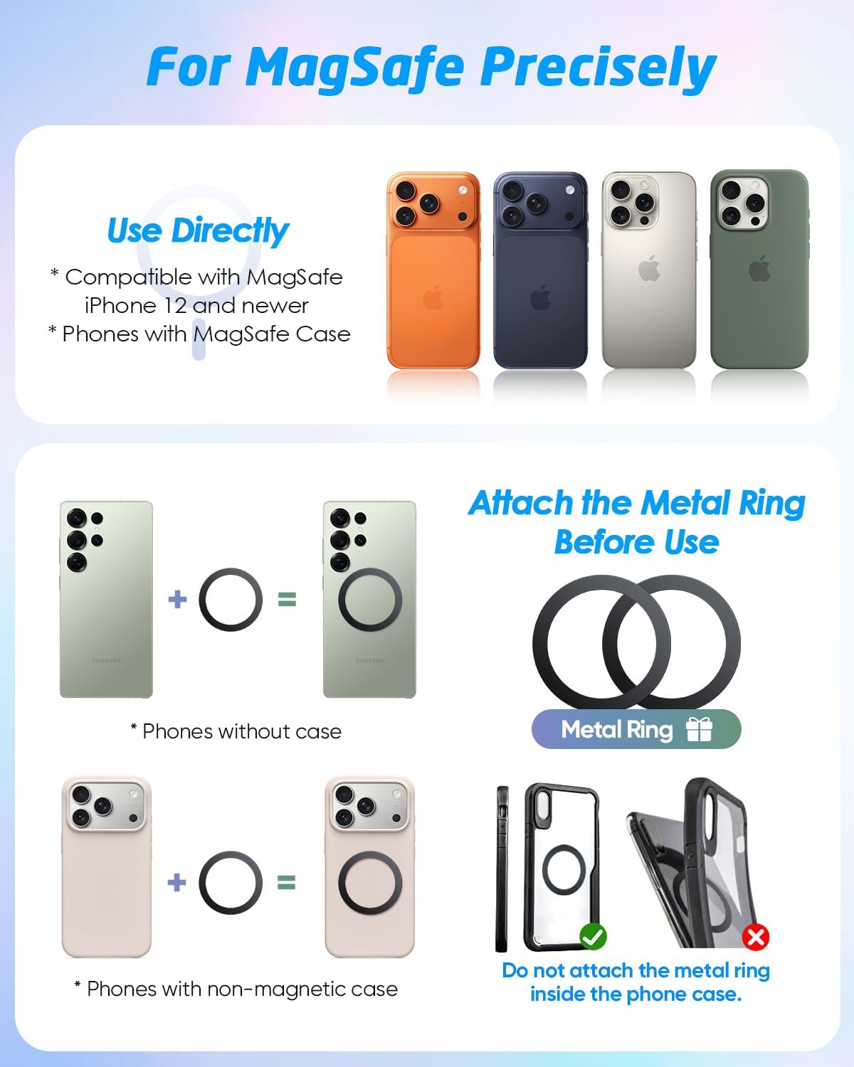 WixGear Magnetic Phone Holder for Car [2 Pack], Universal Air Vent Magnetic Phone Mount, Compatible with MagSafe Phones Using Adapter Ring or Plate, Includes 2 Metal Plates