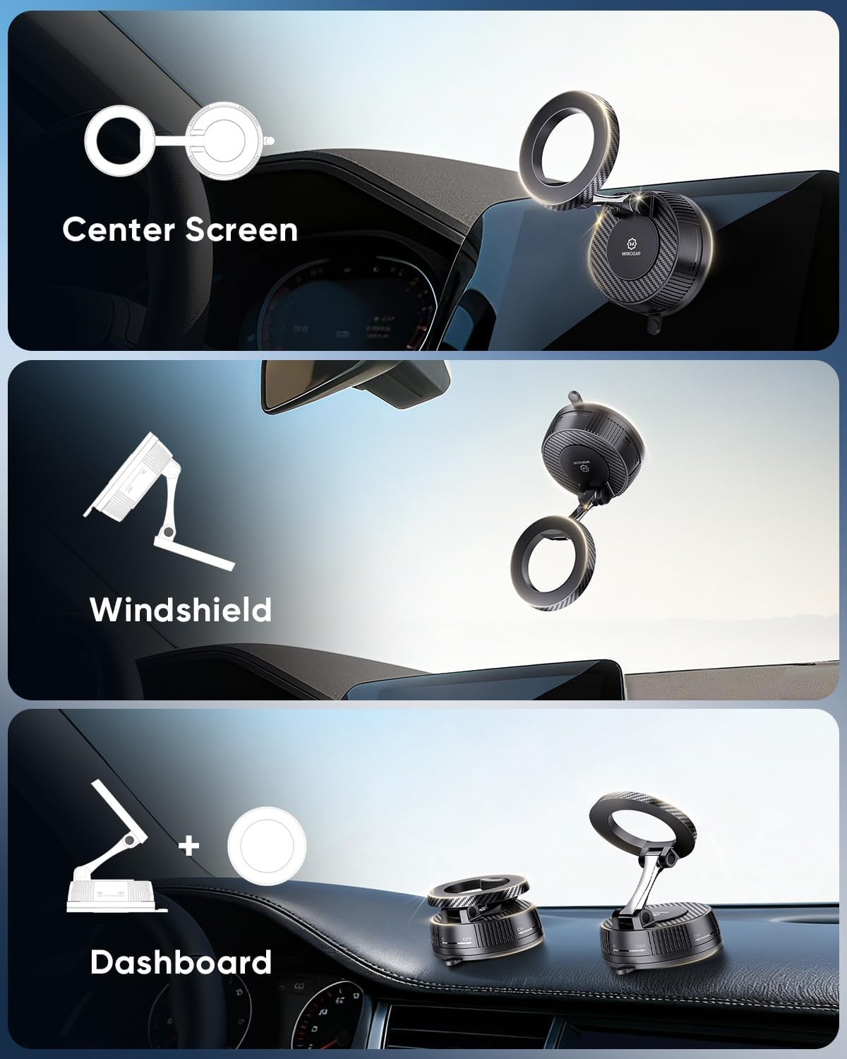 WixGear MagSafe Car Mount, Suction Cup Dashboard & Windshield Phone Holder, Magnetic iPhone Car Mount for MagSafe Series, 360° Adjustable Magnetic Phone Holder for Car, Carbon Fiber