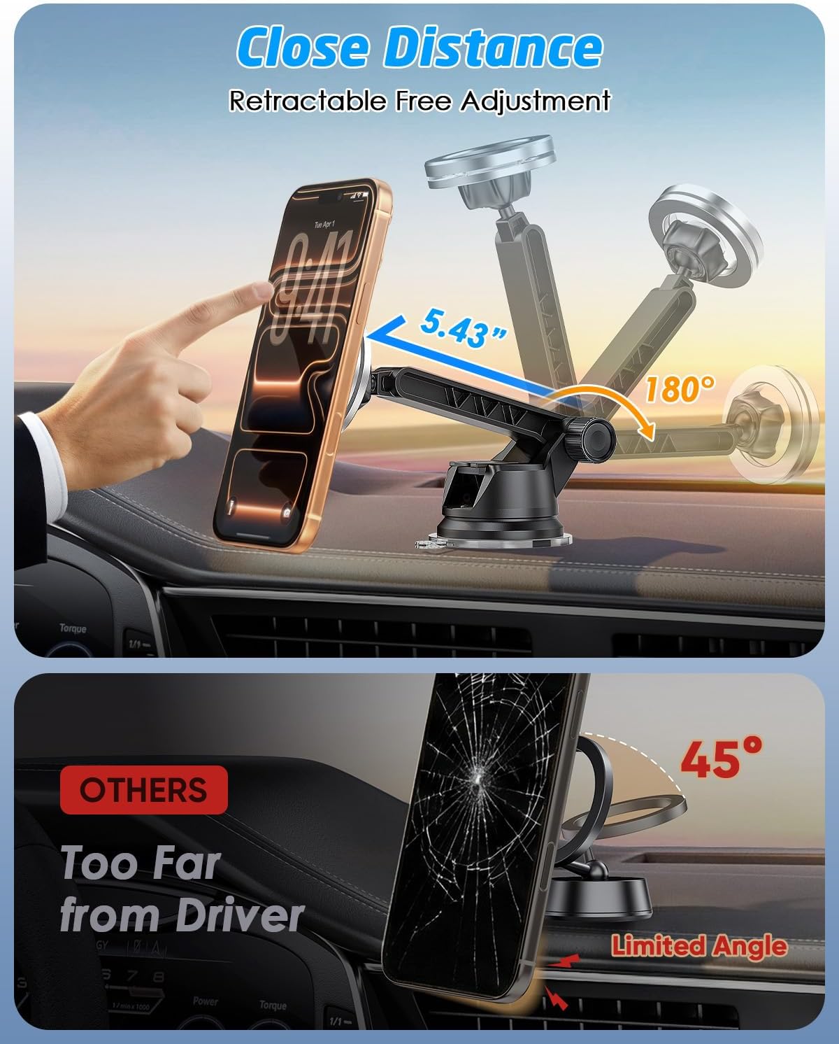 WixGear for MagSafe Car Mount - 78+LBs Dashboard Phone Holder - Dashboard Long Handle Adjustable Magnetic Cell Stand for iPhone 17 16 15 14 13 12 Pro Max - Dashboard Compatible Vehicle Accessory