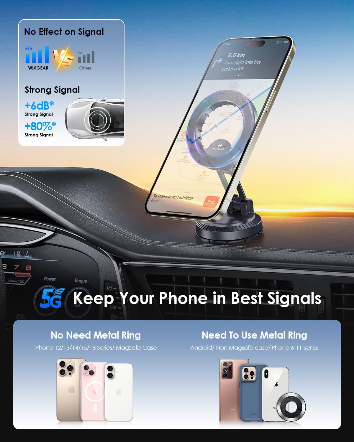 WixGear Stick-On Foldable Magnetic Car Mount Dashboard Phone Holder, Strong Magnet Mount for MagSafe iPhone & All Smartphones, 3M VHB Adhesive Dashboard Mount, 360° Adjustable Compact Design