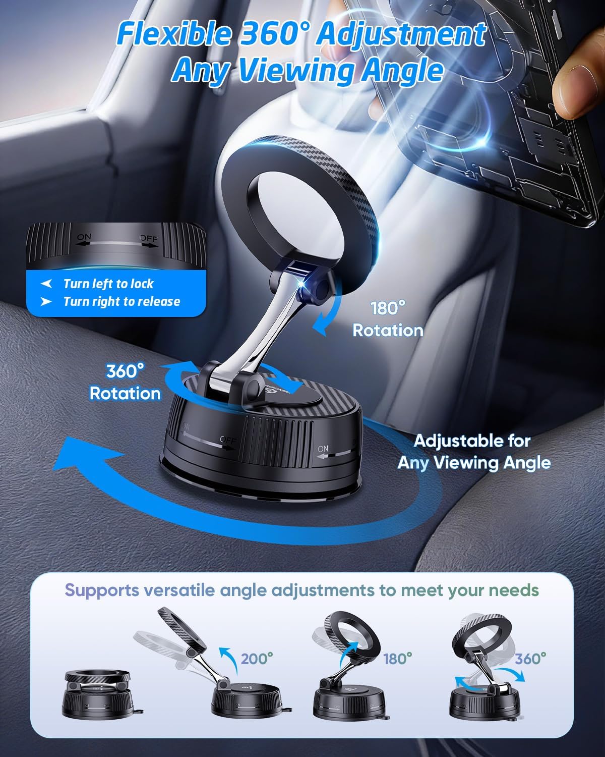 WixGear MagSafe Car Mount, Suction Cup Dashboard & Windshield Phone Holder, Magnetic iPhone Car Mount for MagSafe Series, 360° Adjustable Magnetic Phone Holder for Car, Carbon Fiber