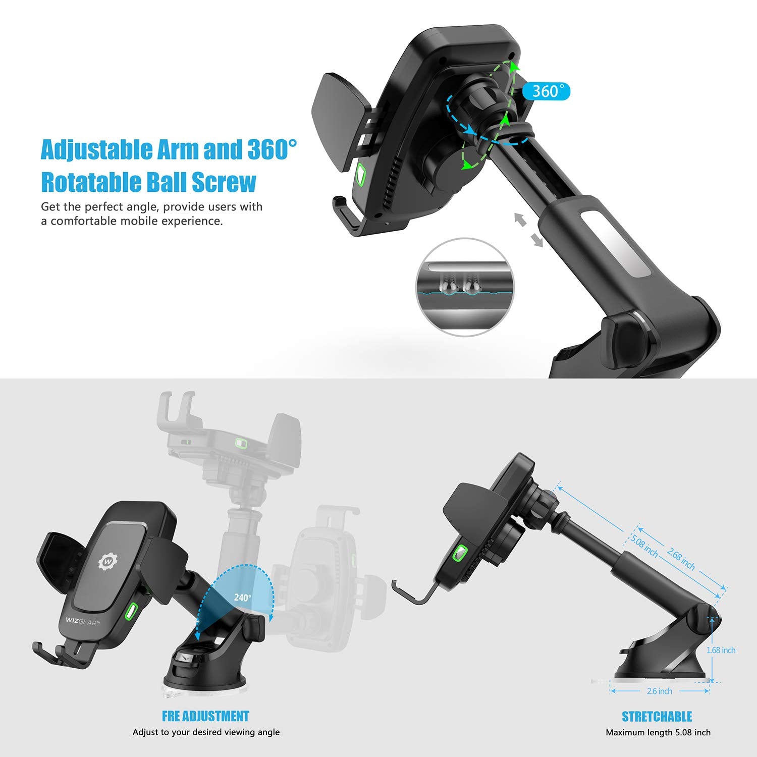 WizGear Automatic Wireless Car Charging Mount, With Telescopic Arm and Aider