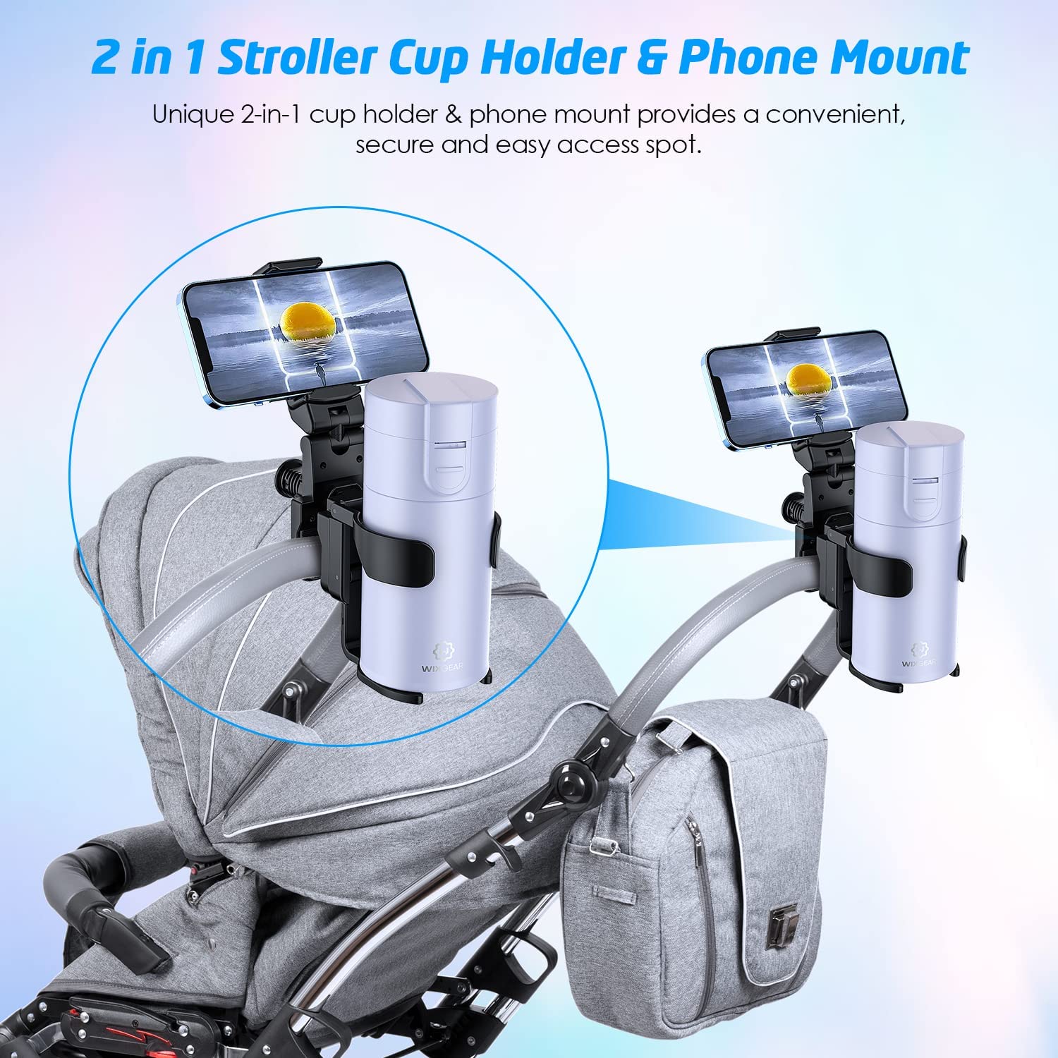 WixGear Stroller Cup Holder with Phone Stand Holder, Bike Cup Holder, Phone Holder for Stroller, Wheelchair, Walker, Scooter