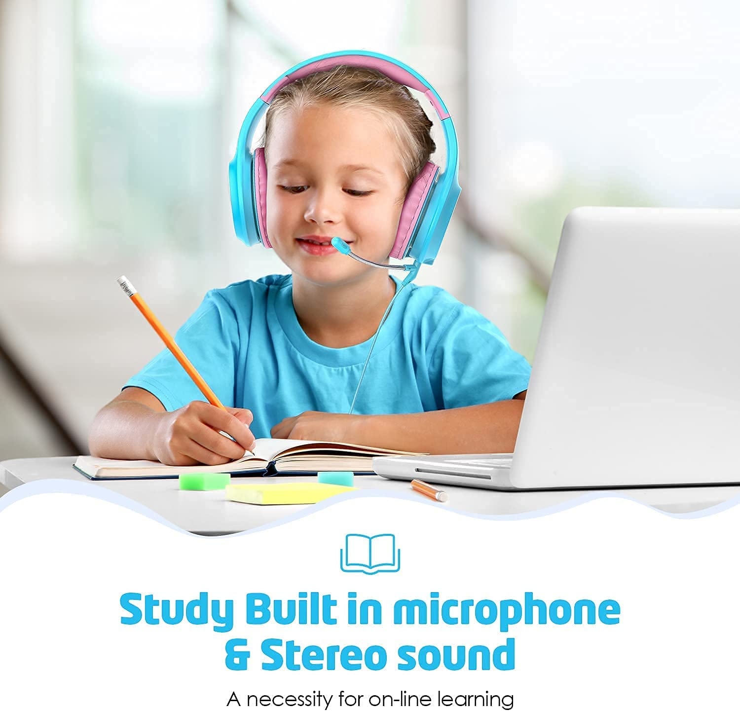 WixGear Headphones for Kids Volume Limiter 85/94dB, Over-Ear Girls Boys Headphones, Foldable Wired Toddler Headphones Light Blue Pink