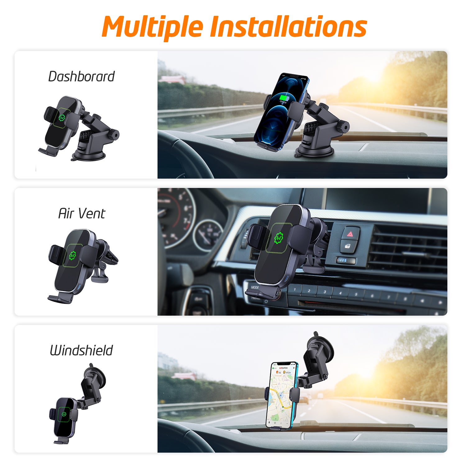 WixGear Auto-Clamping Phone Holder for Car, With Fast 10W Qi Wireless Car Charging