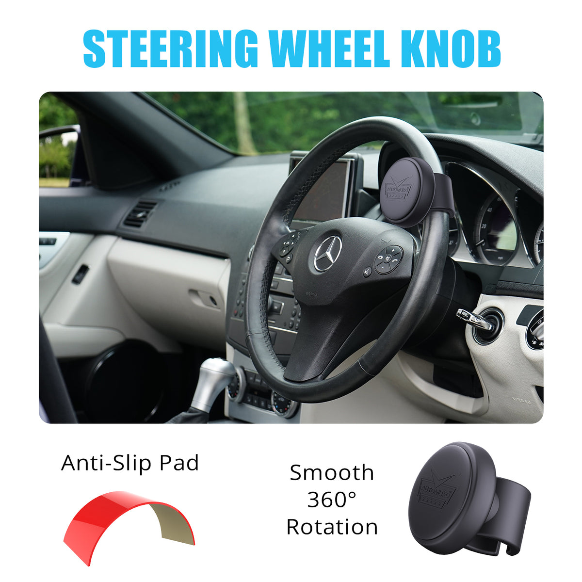 Steering Wheel Spinner, by AutoMuko Silicone Power Handle, steering wheel knob, Easy installation No tools required (Black)