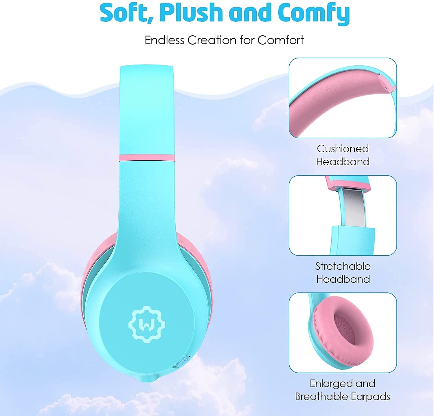 WixGear Headphones for Kids Volume Limiter 85/94dB, Over-Ear Girls Boys Headphones, Foldable Wired Toddler Headphones Light Blue Pink