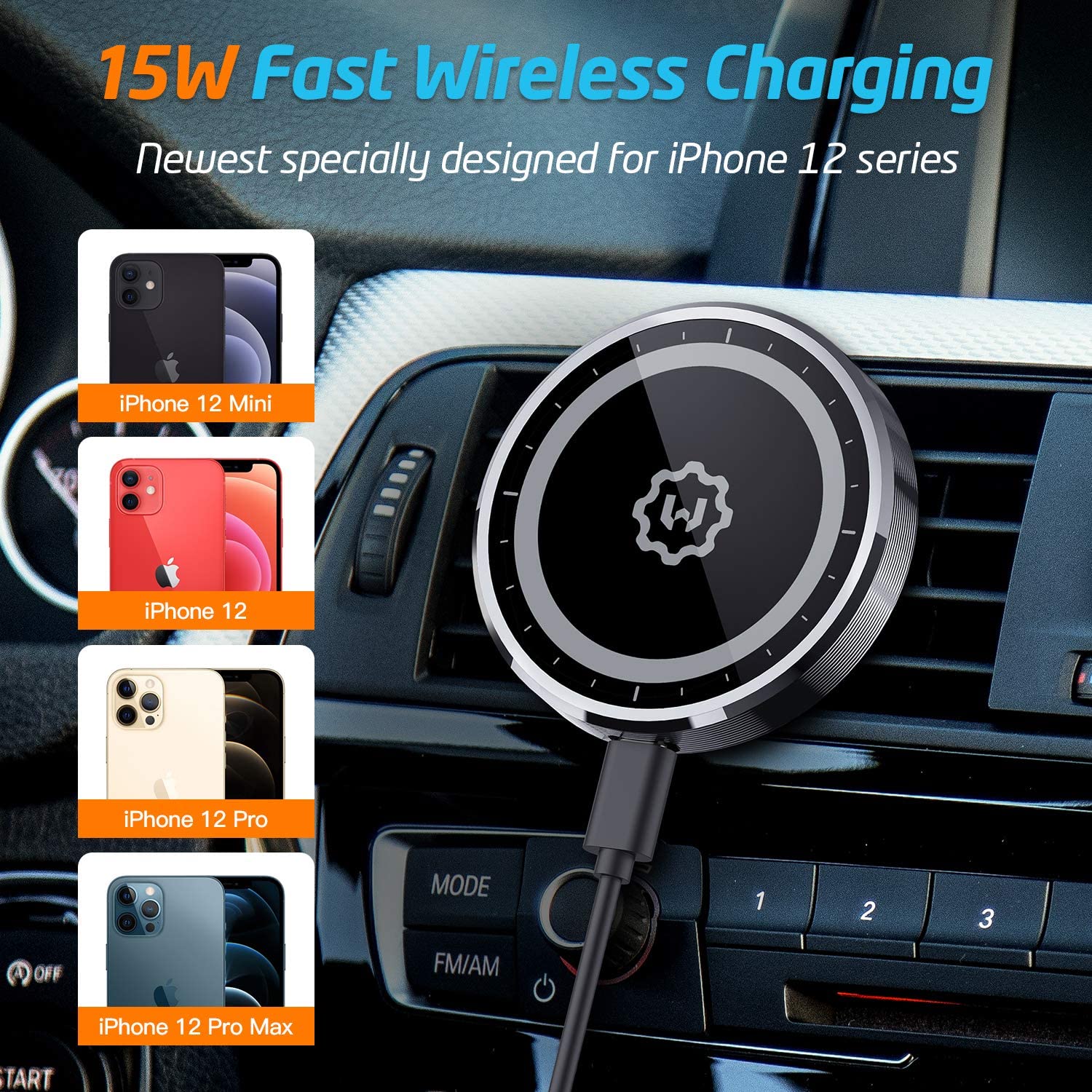 Wireless Magnetic Car Charger, WixGear Wireless Magnetic Air Vent and Dashboard Car Charger, Compatible with iPhone 12 Only