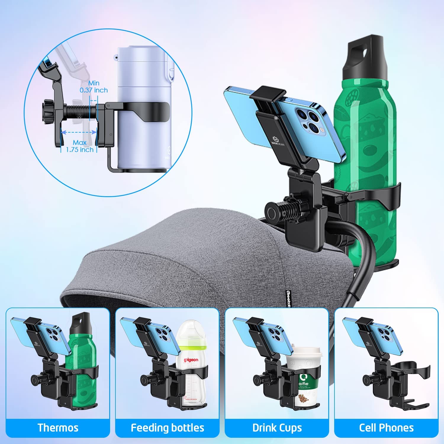 WixGear Stroller Cup Holder with Phone Stand Holder, Bike Cup Holder, Phone Holder for Stroller, Wheelchair, Walker, Scooter